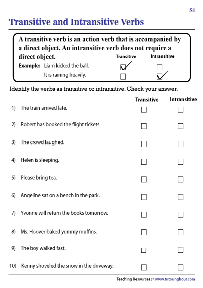 transitive and intransitive verbs worksheet