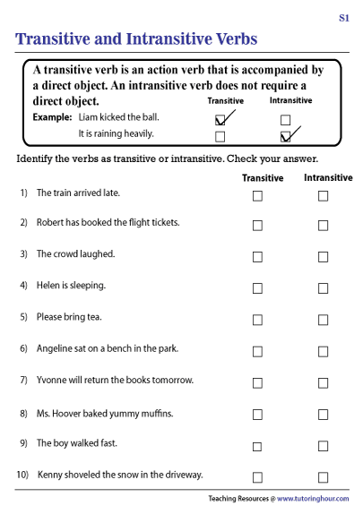 Transitive and Intransitive Verbs Worksheets