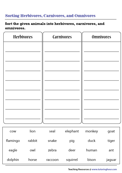 Sorting Herbivores, Carnivores, and Omnivores Worksheet