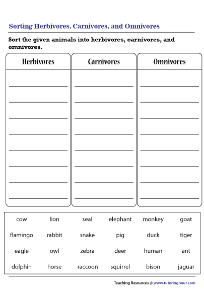 Sorting Herbivores, Carnivores, and Omnivores Worksheet Sorting Herbivores, Carnivores, and Omnivores Worksheet
