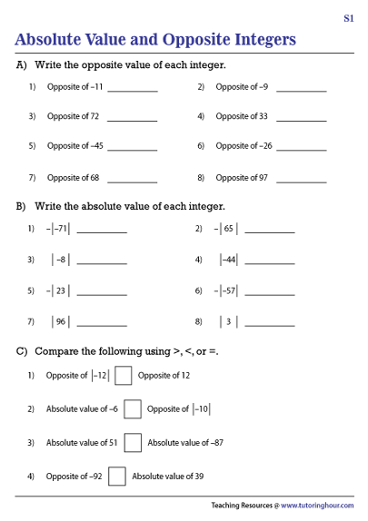 Absolute Value and Opposite Integers Worksheets