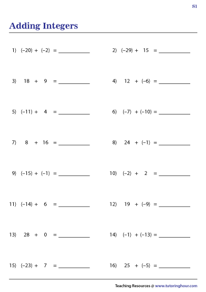 adding-integers-worksheets