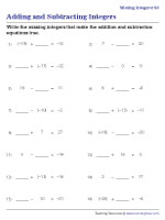 worksheet addition and subtraction of integers Missing Integers 2