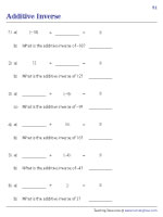 Additive Inverse Worksheets