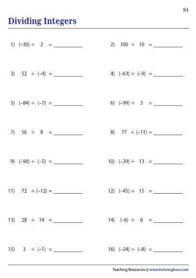 Integers Multiplication And Dividing Worksheet With Answers