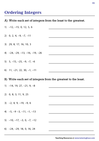 ordering integers worksheets