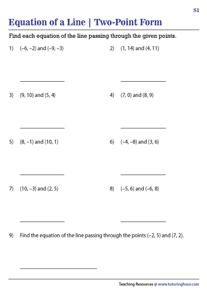 Equation of a Line using Two Points Worksheets