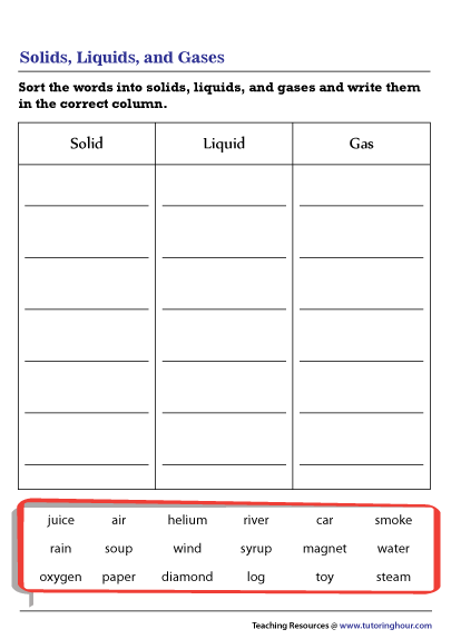 Solids, Liquids, and Gases Sorting