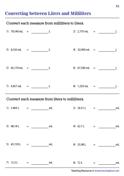 Convert between Liters and Milliliters Worksheets