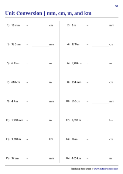 Conversion Between Mm Cm M And Km Worksheets