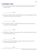 Counting U.S. Coins Word Problems Worksheets