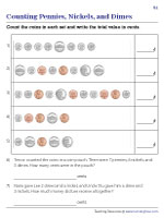 Counting Pennies, Nickels, and Dimes up to $1 Worksheets