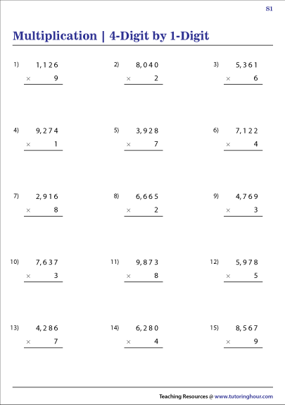 4 digit by 1 digit multiplication worksheets