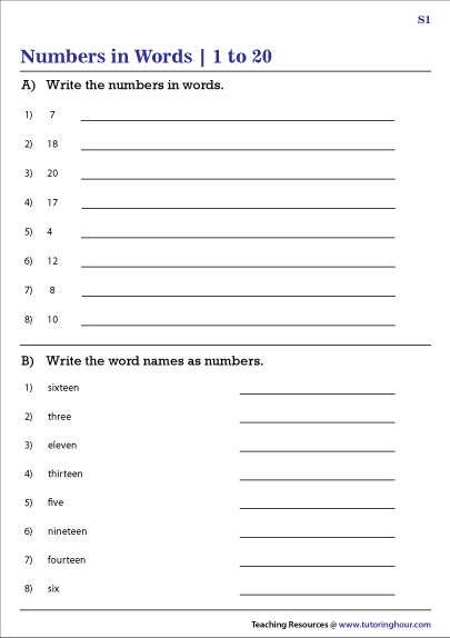 Numbers In Words 1 20 Worksheets