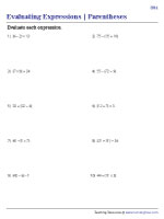 Evaluating Expressions with Parentheses and Exponents Worksheets