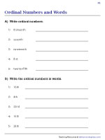 Ordinal Numbers and Words Worksheets