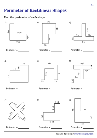 Perimeter of Rectilinear Shapes Worksheets