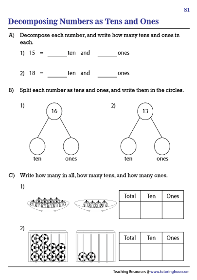 Decomposing Numbers As Tens And Ones Worksheets