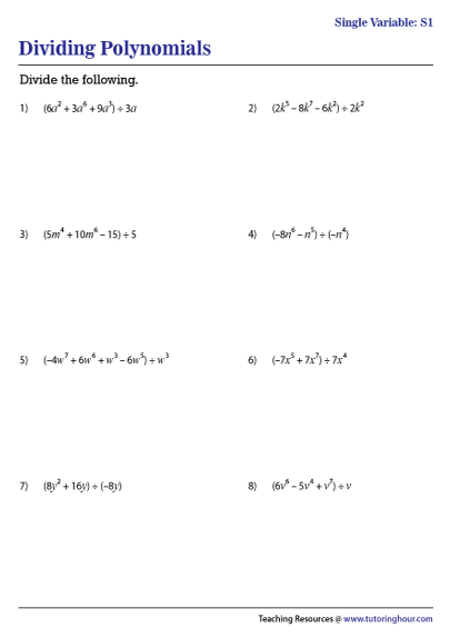 Dividing Polynomials Worksheets