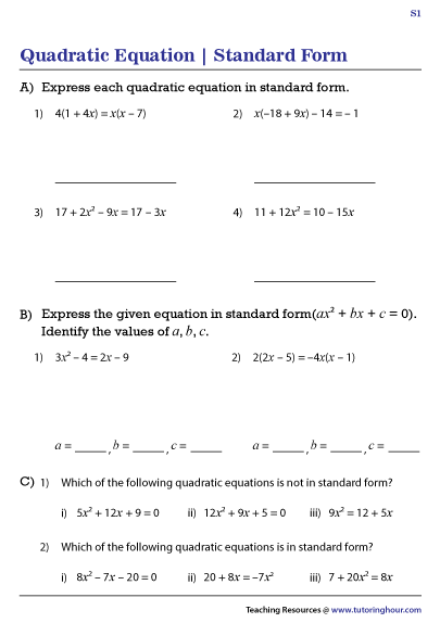 quadratic functions standard form worksheet Quadratic Equations in Standard Form Worksheets