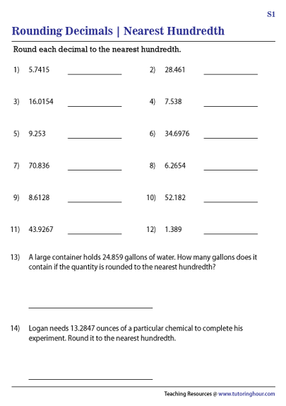 Rounding Decimals to the Nearest Hundredth Worksheets