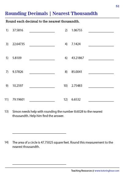 Rounding Decimals to the Nearest Thousandth Worksheets