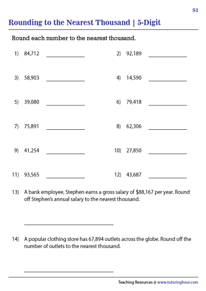 Rounding 5 Digit Numbers To The Nearest Thousand Worksheets