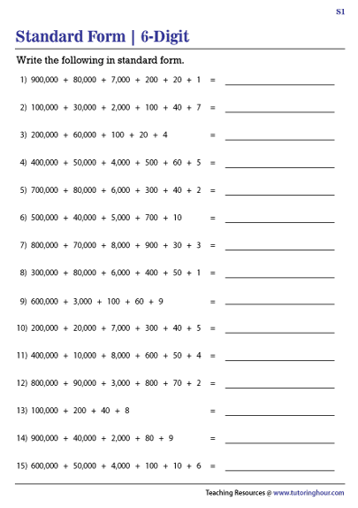 Writing 6 Digit Numbers In Standard Form Worksheets