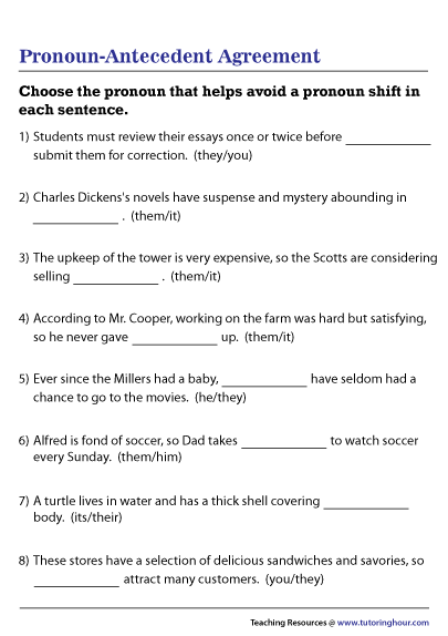 Pronoun Antecedent Agreement Worksheet