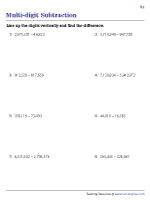 Multi-digit Subtraction - Line Up - 5, 6, and 7 Digits