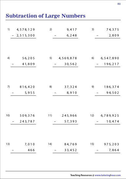 Subtracting Large Numbers Worksheets