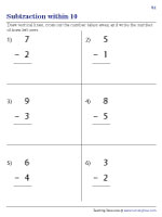 Subtraction within 10 - Column without Strokes