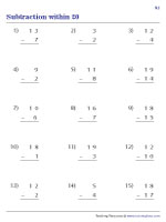 Subtraction within 20 - Column