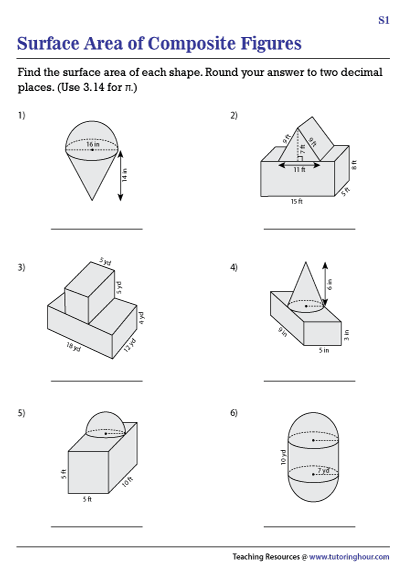 Surface Area of Composite Figures Worksheets