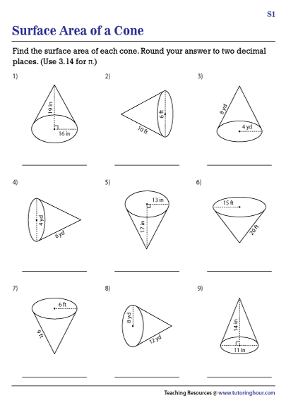Surface Area of Cones Worksheets