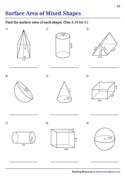 Surface Area of Solid Figures Worksheets | Mixed 3D Shapes