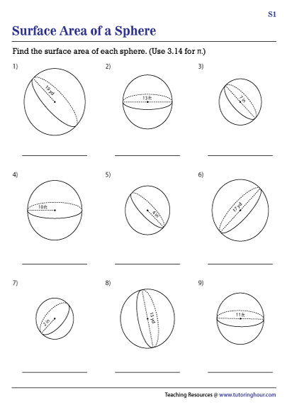 Surface Area of Spheres Worksheets