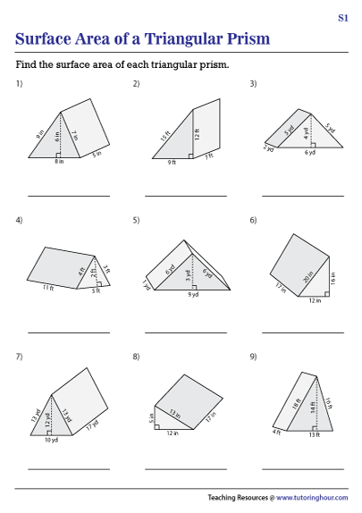 Surface Area of a Triangular Prism Worksheets