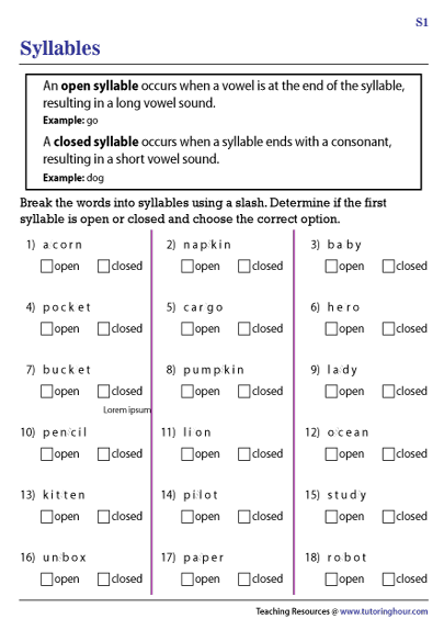Open And Closed Syllables Worksheet