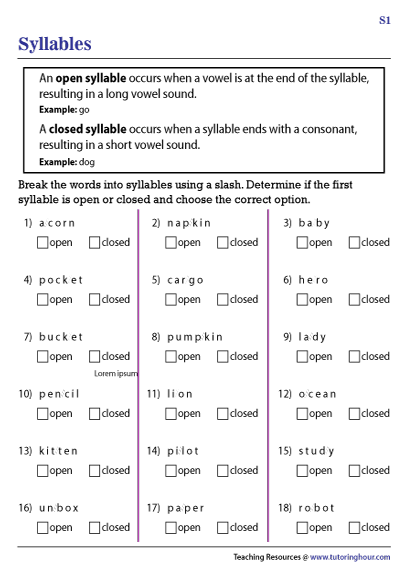 Open and Closed Syllables Worksheet