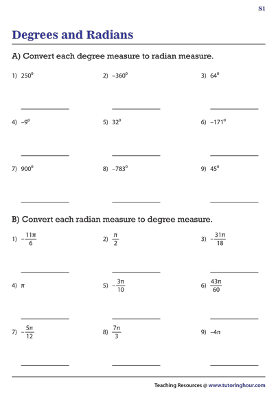 Convert between Degrees and Radians Worksheets