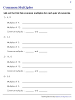 Common Multiples Worksheets