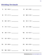 Dividing Decimals Worksheets