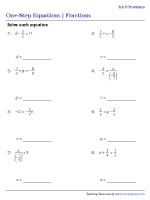 One-Step Equations | Fractions - 8 Problems per Page