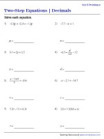 Two-Step Equations with Decimals | 8 Problems per Page