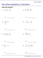 Two-Step Equations with Fractions | 8 Problems per Page
